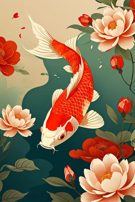 master piece,high quality,illustration,Chinese digital painting,vector,carp,clean background,flowers,flat,<lora:ãæ¥èloraã...