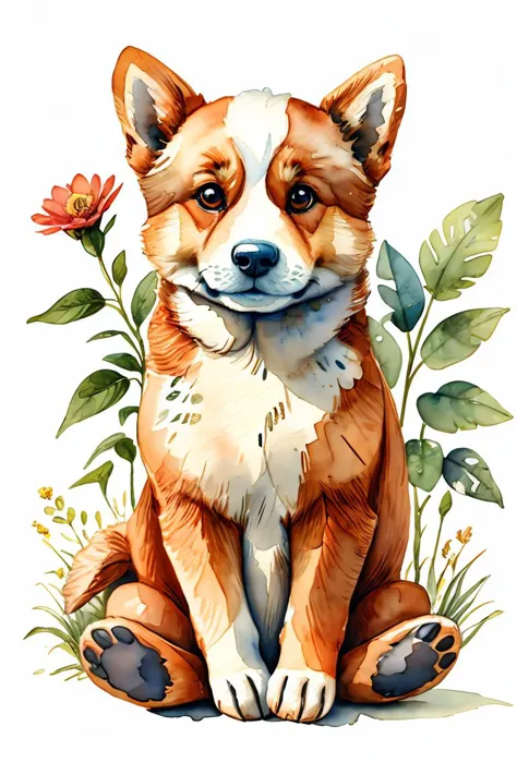 a close up of a dog sitting in the grass with flowers