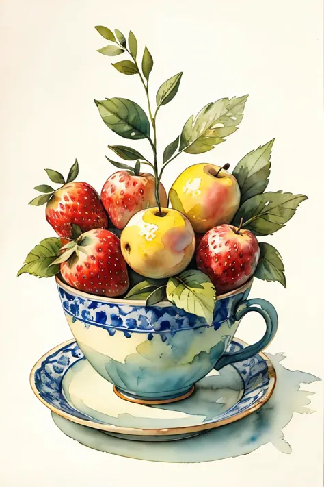 master piece,high quality,vintage watercolor,illustration,cute,Sketching still life,fruits,leaves,cups,<lora:ãç»æ¬æç»ãæ...