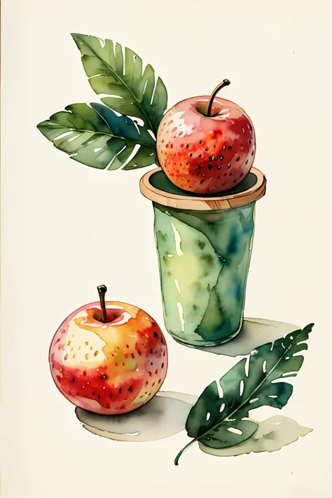 there are two apples in a cup with leaves on the side