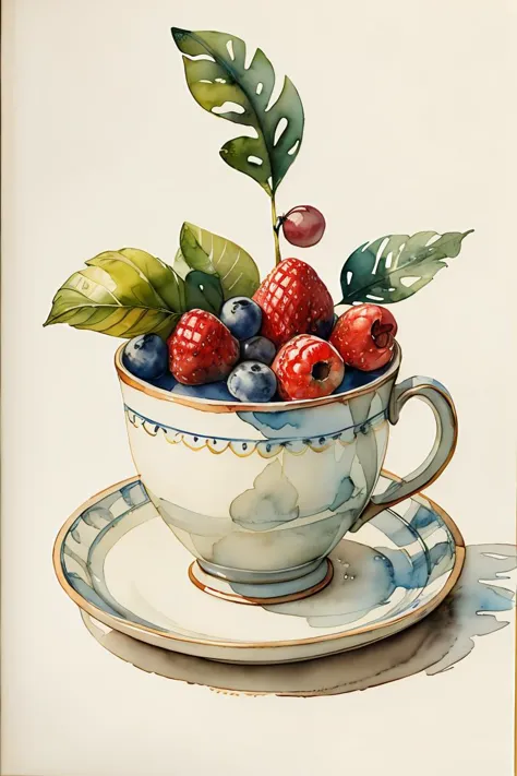 master piece,high quality,vintage watercolor,illustration,cute,Sketching still life, fruits, leaves, cups,<lora:ãç»æ¬æç»ã...