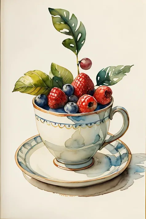 chef-d&#39;œuvre,Haute qualité,Aquarelle vintage,illustration,Mignon,Esquisse d&#39;une nature morte, des fruits, feuilles, tasses,pas d&#39;humains,