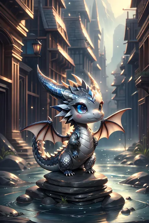 ral-smoldragons, un petit dragon d&#39;argent assis sur une surface en pierre ,Meilleure qualité,chef-d&#39;œuvre,