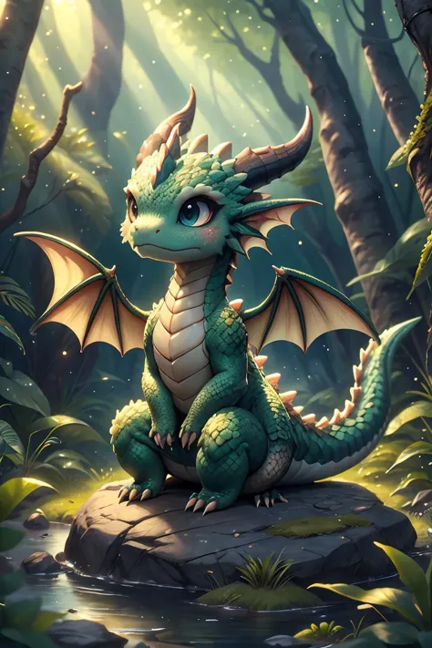 ral-smoldragons, a small dragon sitting on a rock in the middle of a forest  ï¼best quality,masterpiece,