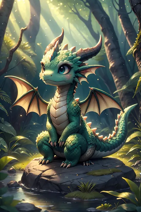 a green dragon sitting on a rock in the woods