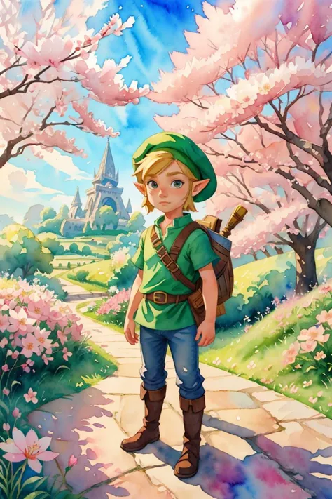 masterpiece,best quality,the legend of zelda,tunic,hat,1 boy,blonde hair,solo,flowers around,cherry blossoms,((watercolor)) painting,countryside