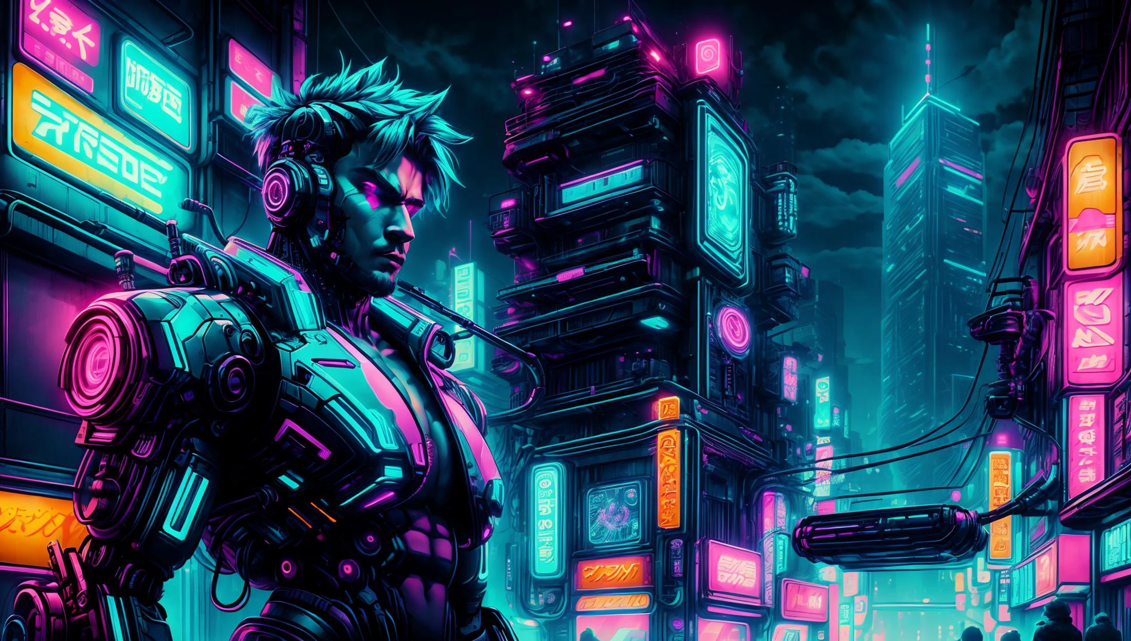 un hombre con tetas en una ciudad, luces de neón, Ciberpunks,  noche, ciberpunk, 1 hombre, , brazo robotico,  