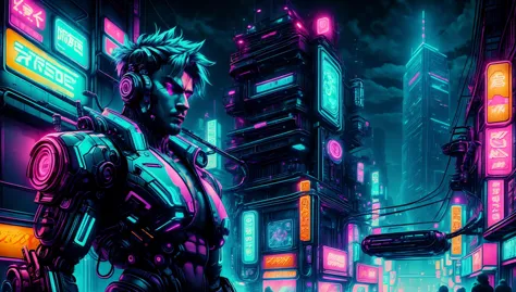 a man with boobs in a city, neon lights, CyberpunkAI,  <lora:CyberpunkWorld:1>, night, cyberpunk, 1 man, boobs, robotic arm,  <l...