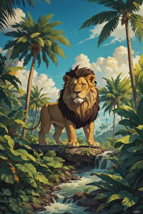 masterpiece, best quality, gangster theme, lion, lush jungle with towering palm trees, nature