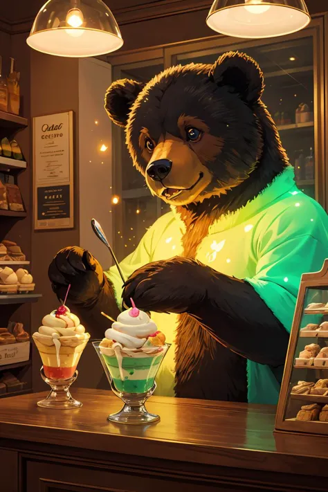 close-up bear,on A classic,vintage Italian gelato shop with colorful displays,nature,(natural elements),(particle effects),glow ...