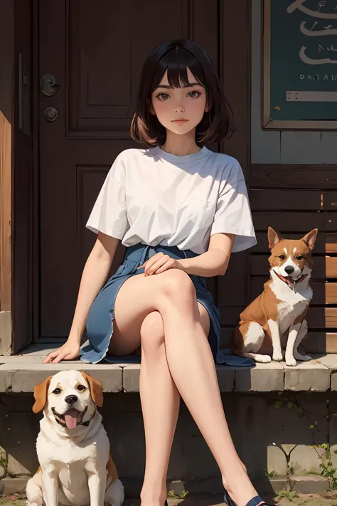 masterpiece,best quality,high quality,a girl sitting with a dog, 