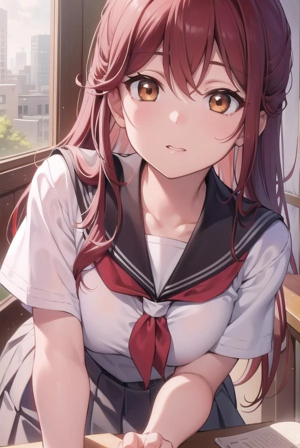 rikosakurauchi, riko sakurauchi, (brown eyes:1.5), hair between eyes, long hair, (red hair:1.5), (small breast:1.2), 
BREAK grey skirt, neckerchief, pleated skirt, red neckerchief, school uniform, serafuku, shirt, short sleeves, skirt, white shirt, uranohoshi ,
BREAK looking at viewer, 
BREAK indoors, classroom, 
BREAK (masterpiece:1.2), best quality, high resolution, unity 8k wallpaper, (illustration:0.8), (beautiful detailed eyes:1.6), extremely detailed face, perfect lighting, extremely detailed CG, (perfect hands, perfect anatomy),