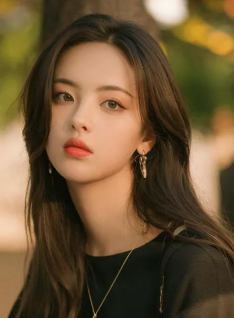 a woman with long hair and earrings sitting in front of a tree