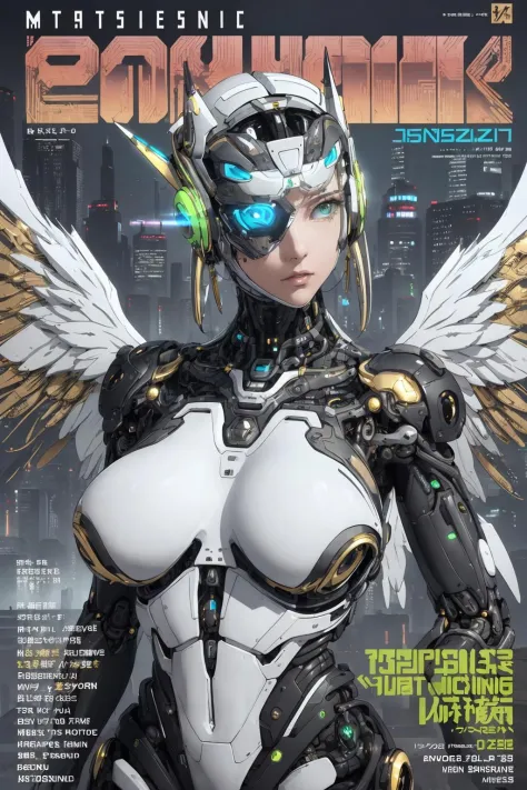 masterpiece,  (best quality), (ultra-detailed), (ultra-realistic:1.2), landscape,  sci-fi, transistorpunk,  cyberpunk, biopunk, (magazine cover:1.4), (gray, white), female huge robot, visor, earring, mechanical angel wings on the back, angel wings,  future...