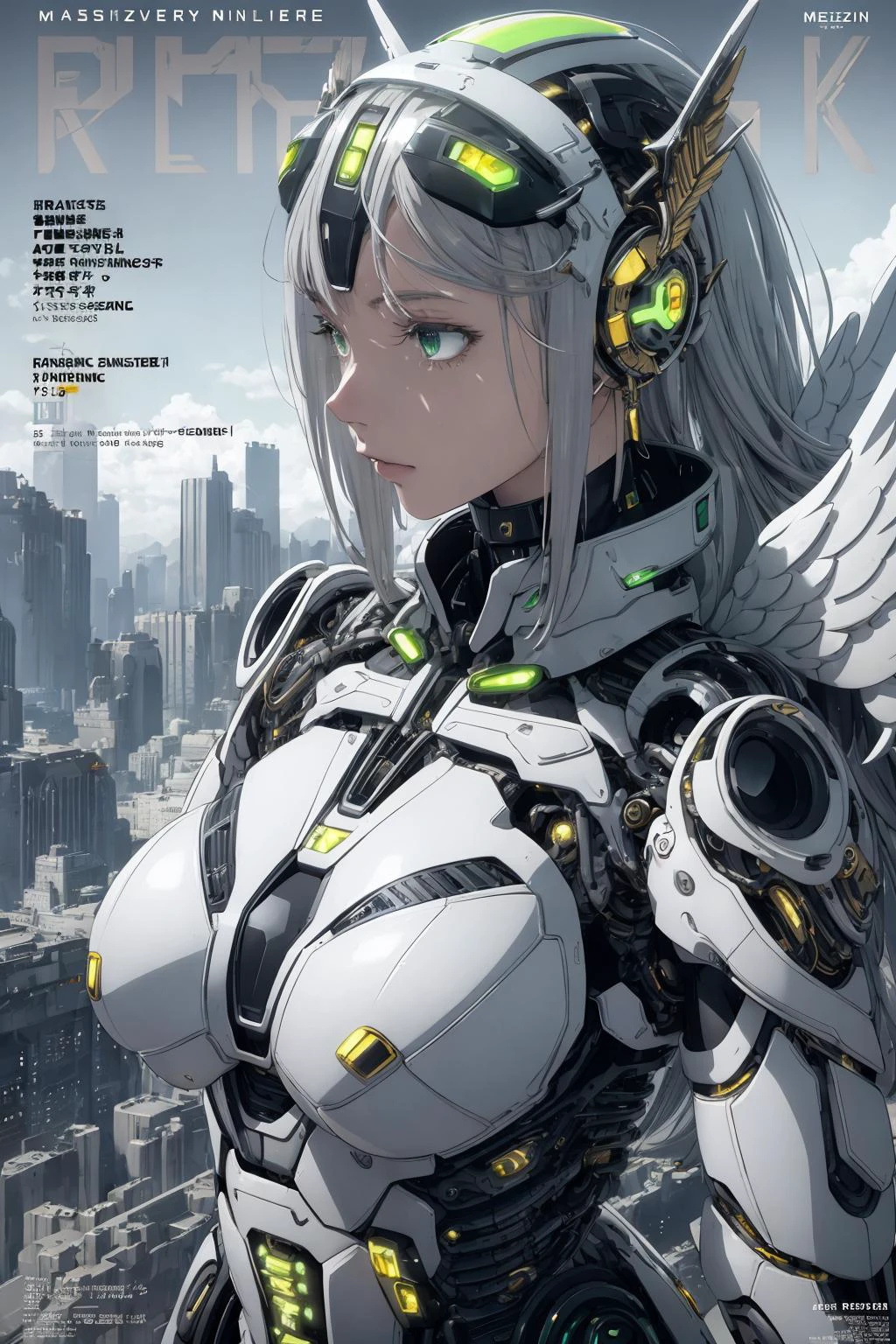 masterpiece,  (best quality), (ultra-detailed), (ultra-realistic:1.2), landscape,  sci-fi, transistorpunk,  cyberpunk, biopunk, (magazine cover:1.4), (gray, white), female huge robot, visor, earring, mechanical angel wings on the back, angel wings,  future town, dynamic pose, dynamic angle, small breasts, luxury, (gold, silver, green), neon