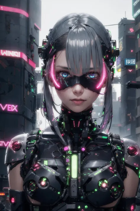 absurdres, highres, reflection, refraction:1.4, ultra detailed:1.4, (photorealistic:1.4, ultra high res, RAW photo), BREAK (cyberpunk:1.3), Android, robot_girl, silver hair, beautiful face with cool expression, In the dark decaying ruins, (super wide angle...