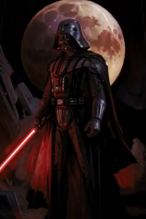 a<lora:Darth_Vader-KK77-V1:0.7>,darth vader,
, looking at viewer,  solo,red energy sword, ,  holding lightsaber hands,  full body view, fantasy setting at night, full moon, , ,  impressionist oil paint style, ,best quality,<lora:OilPaint:0.7>  ,, <lora:shadowfix3:0.45>