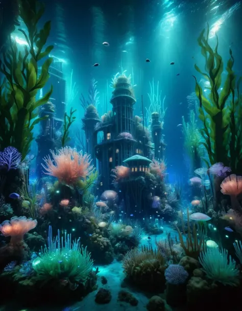 an enchanting underwater city, illuminated by bioluminescent plants and creatures, with merpeople swimming among coral skyscrape...