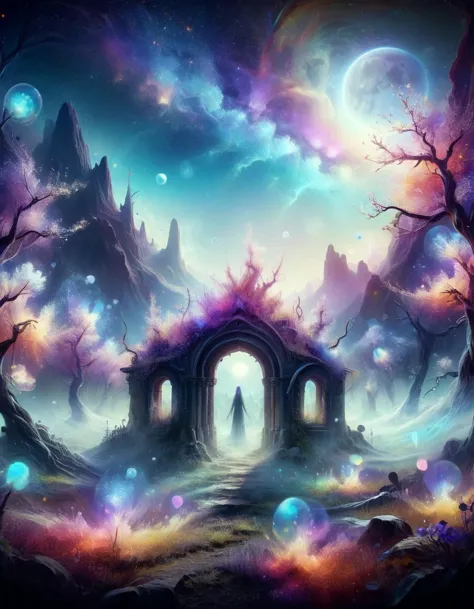 breathtaking illustration of an iridescent landscape, surreal, particles, chromatic aberration, lens dirt, scenery, glowing, bloom, shiny ral-mtclniscp