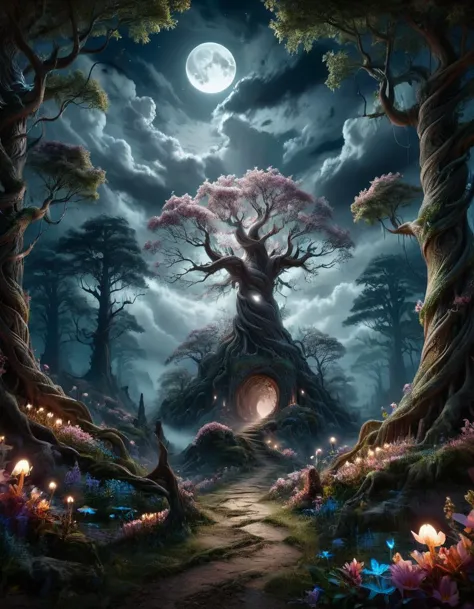 A mesmerizing mythical nightscape featuring a dark, cloudy sky with a full moon casting eerie shadows. In the foreground, a towering tree with twisted branches and glowing flowers illuminates the mysterious path ahead  ral-fntsyrlms