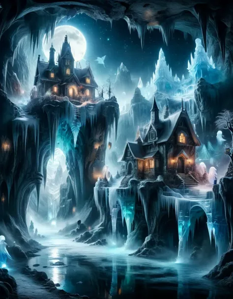 a legendary Ice Village made completely of Ice, Houses, intricate details, masterpiece, best quality, colourful, waterfalls, Lake, Inside Caves ral-mtclniscp