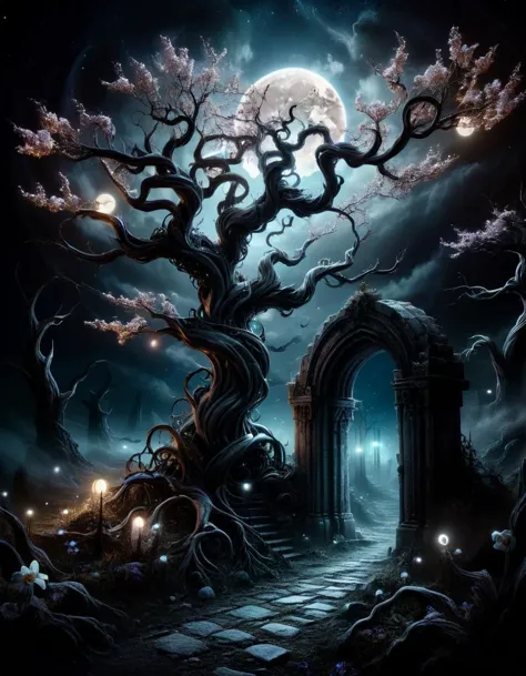 A mesmerizing mythical nightscape featuring a dark, cloudy sky with a full moon casting eerie shadows. In the foreground, a towering tree with twisted branches and glowing flowers illuminates the mysterious path ahead ral-mtclniscp