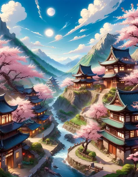 illustration d&#39;anime Une superbe, paysage typiquement de style anime rappelant un rêve épique, avec un village serein niché dans la vallée entre deux montagnes imposantes. Le village est orné de cerisiers en fleurs, et les maisons sont conçues avec l&#39;architecture traditionnelle chinoise ral-anmwrlds