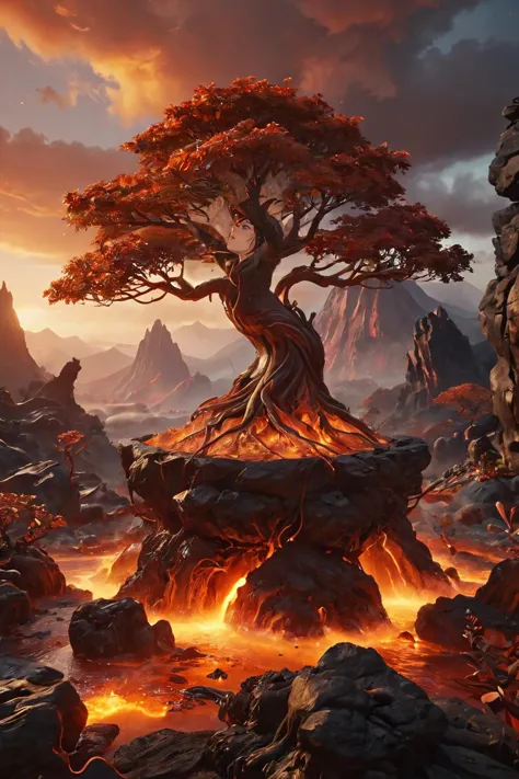 Bonsai tree growing through lava on a mountain, the branches are dripping of glowing lava , crimson sky with global illumination...