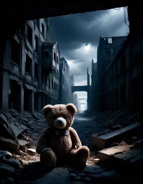 a teddybar lost in a dark alley <lora:ral-apoctvisn-sdxl:1> ral-apoctvisn