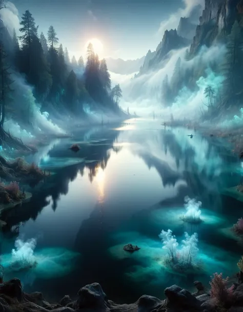 a painting of a lake surrounded by trees and fog