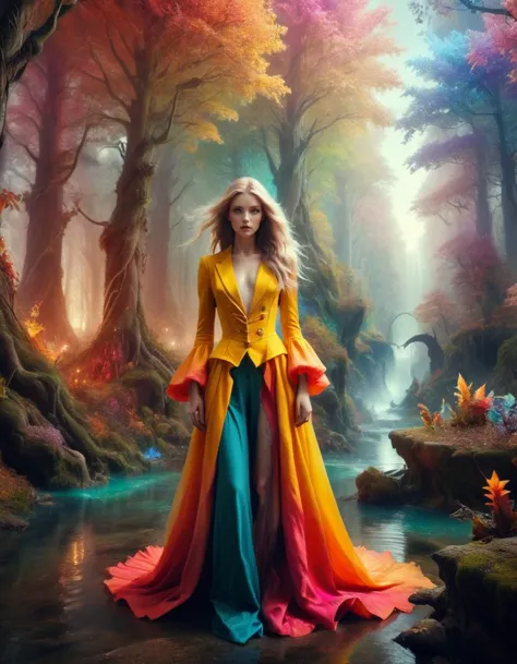 a woman in a colorful dress standing in a forest