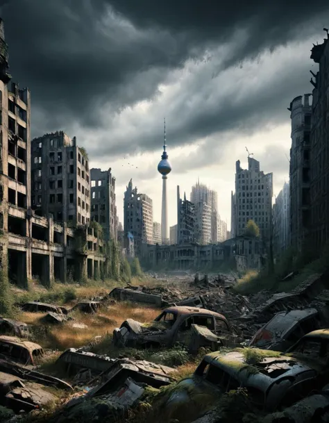 landscape, best quality, masterpiece, Berlin, ruined city ral-apoctvisn