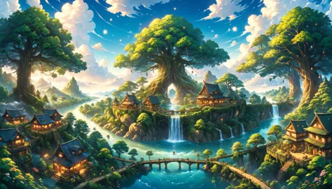 anime artwork ral-anmwrlds, extremely detailed 16k UHD photo of a {beautiful anime landscape, (huge tree civilization in the middle, centered, symmetrical:1.2), tree houses and connected pathways, river, bright shiny clouds and floating particles}, intricate details, hyperrealistic, cinematic, 8k uhd, soft lighting, HDR, high quality, sharp details, insanely detailed, elegant, award winning photography, in the style of studio ghibli, . anime style, key visual, vibrant, studio anime,  highly detailed