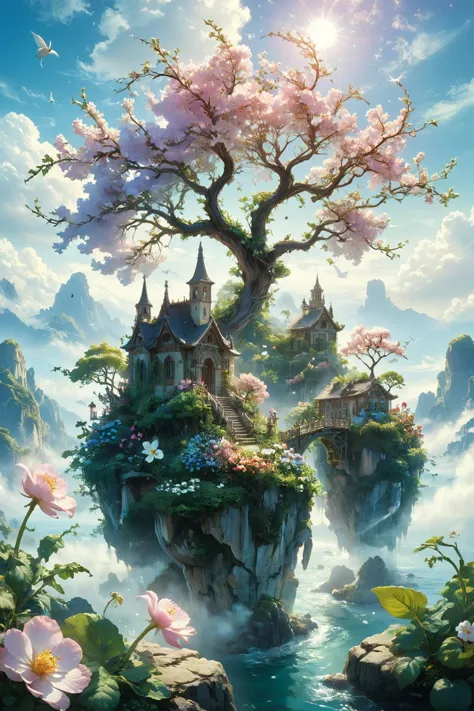 a painting of a tree with flowers growing on it in the middle of a mountain