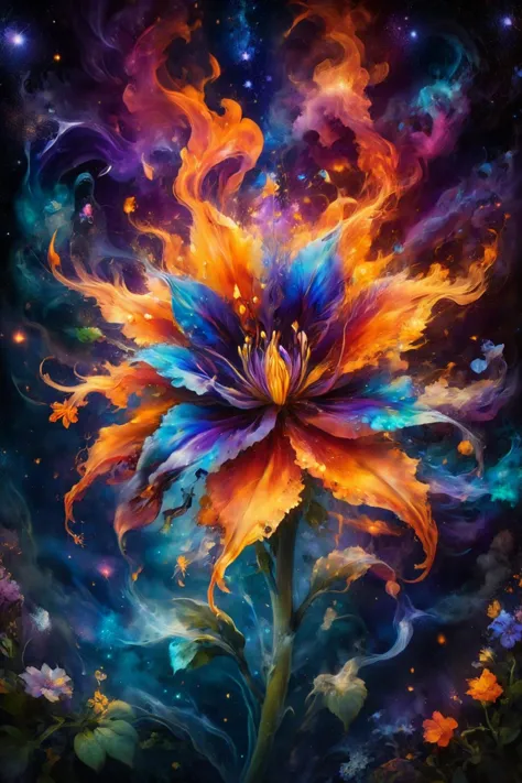 A surreal and realistic scene. A close-up shot of a single flower. A stunning scene of fire and flower intertwined in a breathta...