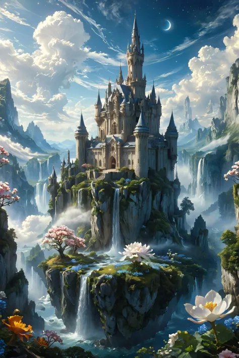 a painting of a castle on a mountain with a waterfall