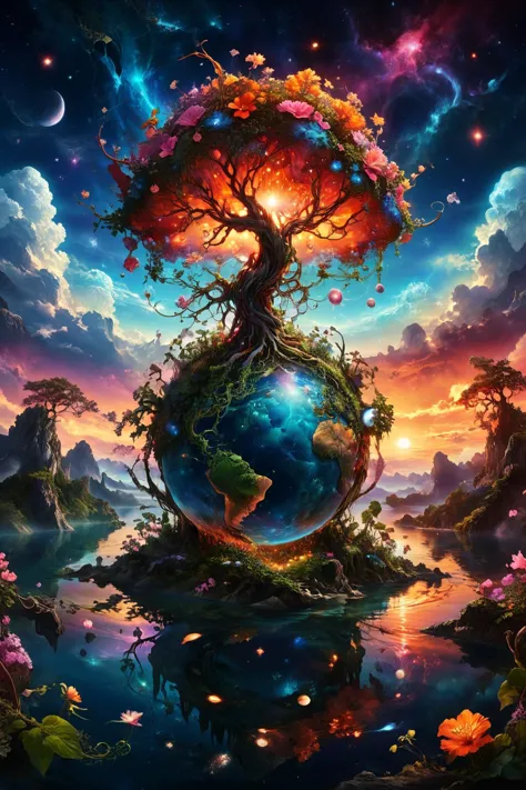 A surreal, fantastical scene featuring a bizarre plant that has grown into the shape of the Earth. The plant's tendrils wrap around the globe, with vibrant leaves and flowers blooming from its surface. The Earth is depicted with exaggerated, glowing colors, and the continents are interwoven with the plant's roots and vines. The background features a dreamy, otherworldly landscape with floating islands and a star-filled sky. The atmosphere is mystical and enchanting, blending the natural beauty of the plant with the surreal image of the Earth. Fantasy, surreal, high-definition, magical, vibrant, detailed, enchanting, mystical, imaginative, otherworldly, glowing, intricate, dynamic. transparent earth, glowing earth,
ral-mtclniscp,
extremely detailed, 
