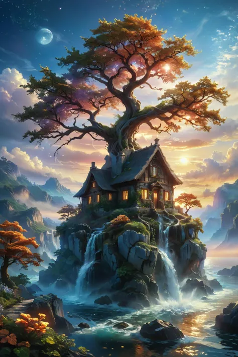 A stunning, hyper-realistic fantasy scene featuring a floating island with a quaint, rustic cottage and an ancient, majestic tre...