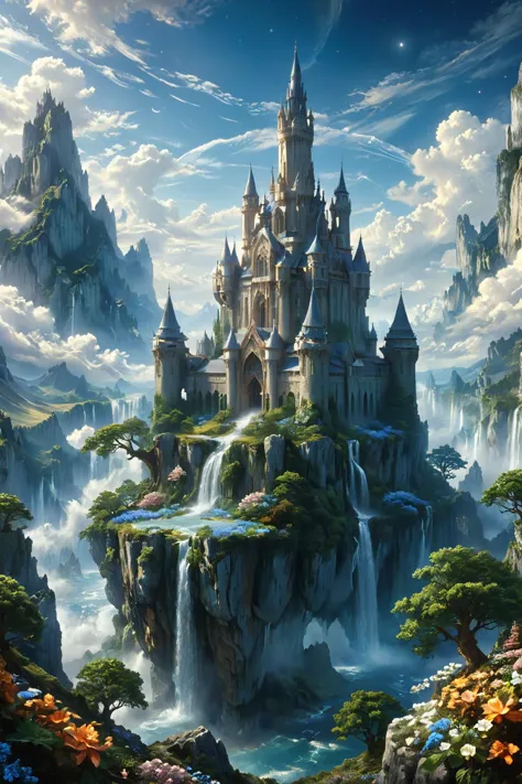 ethereal fantasy concept art of illustration of  a grand castle suspended in the sky, detailed fantasy art, refined design, majestic spires reaching up towards the infinite expanse above, the castle is floating on a huge rock formation, shimmering white stone, wind elemental, hovering above the ground, elemental tendrils, ornate, swirling air, ethereal light, floating amidst billowing clouds, gardens bloom with flowers of every hue, waterfalls cascade down from hidden springs, dreamy, balanced composition, fractal art, vibrant, vivid colors, magnificent, celestial, ethereal, painterly, epic, majestic, magical, fantasy art, cover art, dreamy
ral-fntsyrlms,
extremely detailed,
dark, chiaroscuro, low-key,
floating island, surreal,