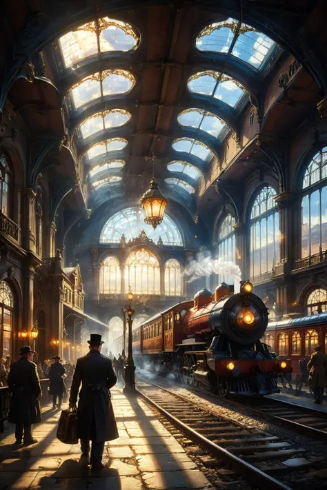 A hyper-realistic, surreal scene of a Victorian-era train station with intricate architectural details, featuring a grand iron a...