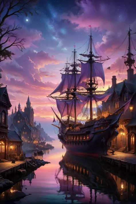 A detailed and realistic scene set in the Victorian era, showcasing a tranquil harbor at dawn. The docks are lined with intricate Victorian-style ships, their masts and sails gently touched by the soft, pastel light of early morning. The small town in the background is filled with Victorian architecture, including charming buildings and cobblestone streets, creating a picturesque and nostalgic atmosphere. The sky is painted with subtle hues of pink, lavender, and gold, enhancing the surreal and dreamy quality of the scene. The calm water reflects the delicate morning light, adding a magical and almost ethereal glow to the entire setting. The environment is rich with textures and details, from the weathered wood of the ships to the intricate facades of the buildings, all contributing to a hyper-realistic yet fantastical feel.
ral-mtclniscp,
extremely detailed,
zavy-mthcl,