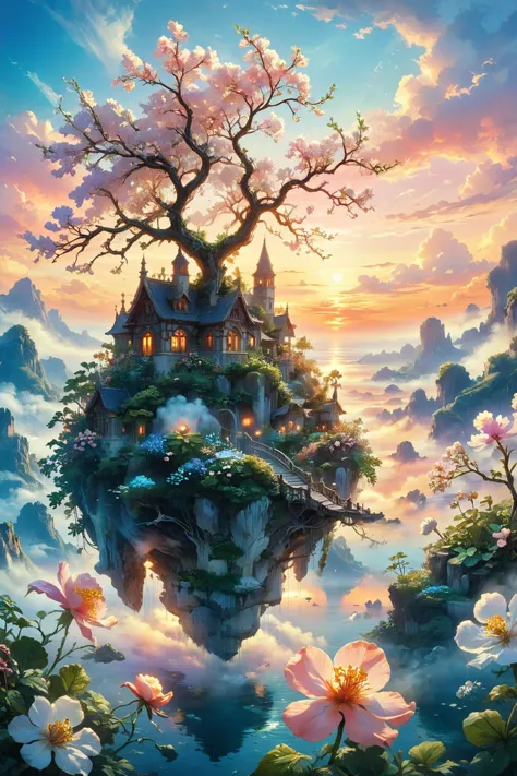 a painting of a castle in the sky with flowers