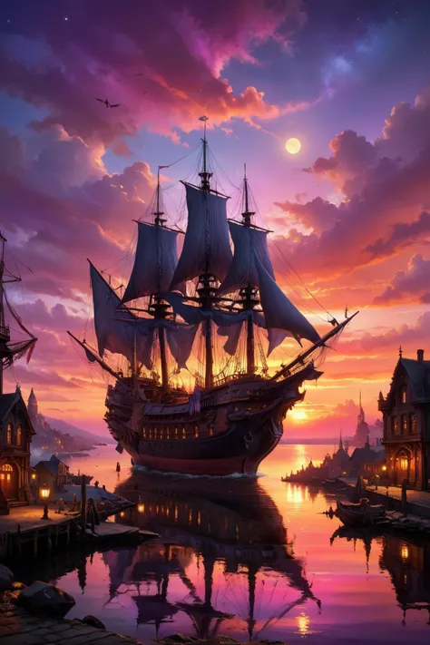 A detailed and realistic scene set in the Victorian era, showcasing a bustling harbor at sunset. The docks are lined with intric...