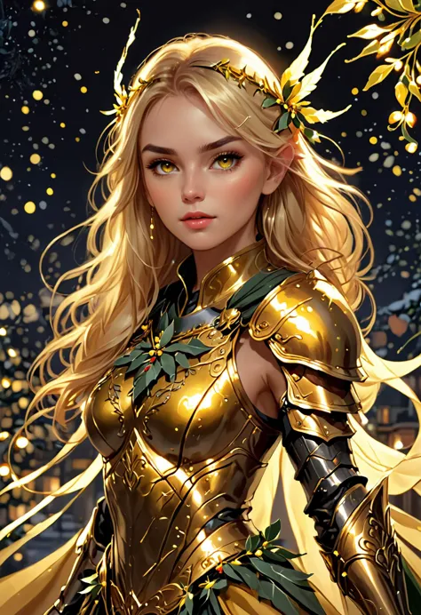 ilustración, soldado de élite, Impresionante rubia, beautiful mercenary, Guerrero habilidoso, Precioso mstltmrc, Lleva una armadura dorada que parece un vestido elegante., (vestido fluido de alta costura, Vestido fluido de capas que en realidad es una armadura luminiscente reactiva), detalles intrincados, equipo amarillo, Sutilmente adornado con muérdago real, Iluminado por luces de hadas, obra maestra, muy detallado, Rodeado de luces de hadas, (Arte de WLOP y Phil Noto)