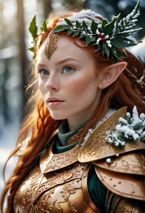 RAW Photo, a beautiful mstltmrc, flowing ginger hair, armor with jagged leavy detailing, snowy, intricate details, savior of chr...