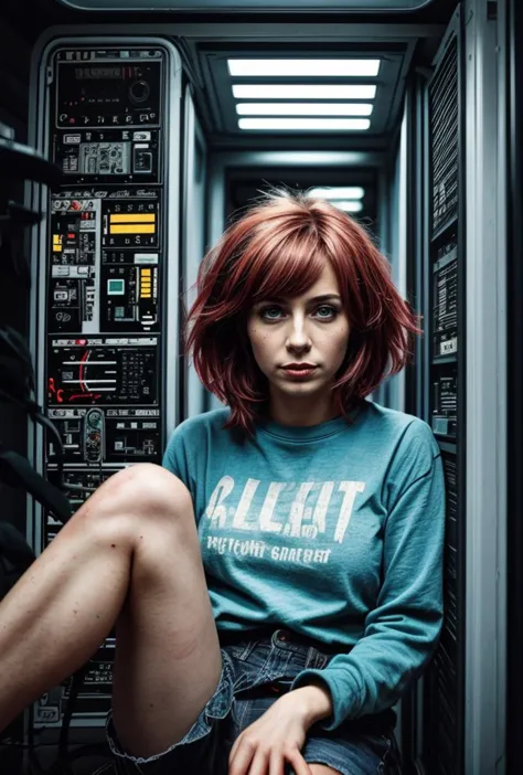 worn-down computer control panels surrounding an adult woman in dirty clothes sitting in a starship, creating a hyperpunk scene ...