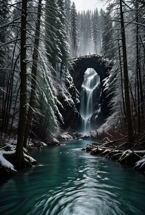 (extremely breathtaking stunning majestic elegant winter Canadian landscape, hyper detailed breathtaking view of rushing river a...