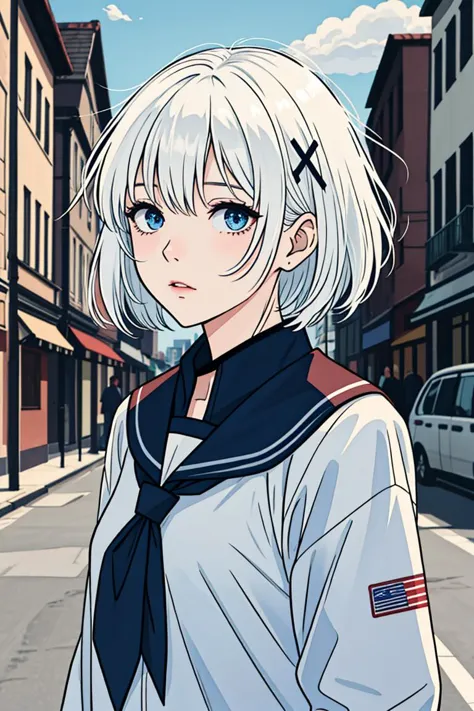 1girl, short hair, (white hair:1.2), x hair ornament, blue eyes, 
outdoors, detailed background, city, 
neckerchief, 
serafuku, 
 <lora:SiestaV1.0-000001:1> siesta diad,, <lora:LCM_LoRA_Weights_SD15:1>