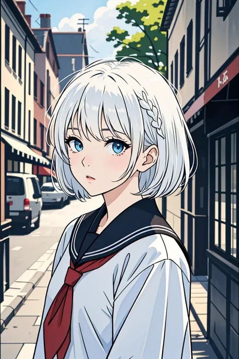 anime girl with white hair and blue eyes standing in a narrow alley