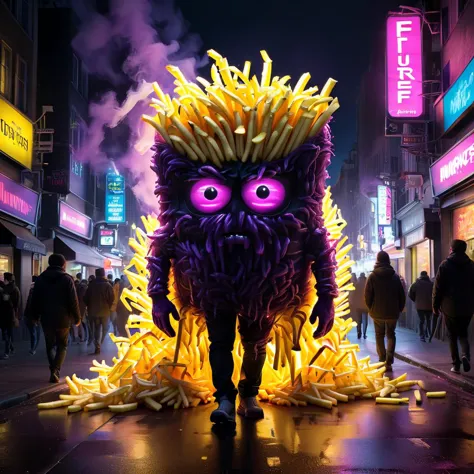 crazy fluorescing monster sized  french fries monster walking down city streets gigantic, in neon colors, future art , subsurface scattering, ultra hd, 4k, high def, Photorealistic, Hyperrealistic, Hyper detailed, analog style, realistic, masterpiece, best quality, ultra realistic, 8k, Intricate, High Detail, film photography, soft lighting, heavy shadow,  <lora:WildcardX-XL-Detail-Enhancer:1.5> <lora:xl_more_art_full_v1:0.8> <lora:LORA_XenoDetailer_v3:0.8> <lora:Engulfed_By_any_color:0.8> Engulfed BY black, Engulfed BY purple, Engulfed BY yellow, Engulfed BY color